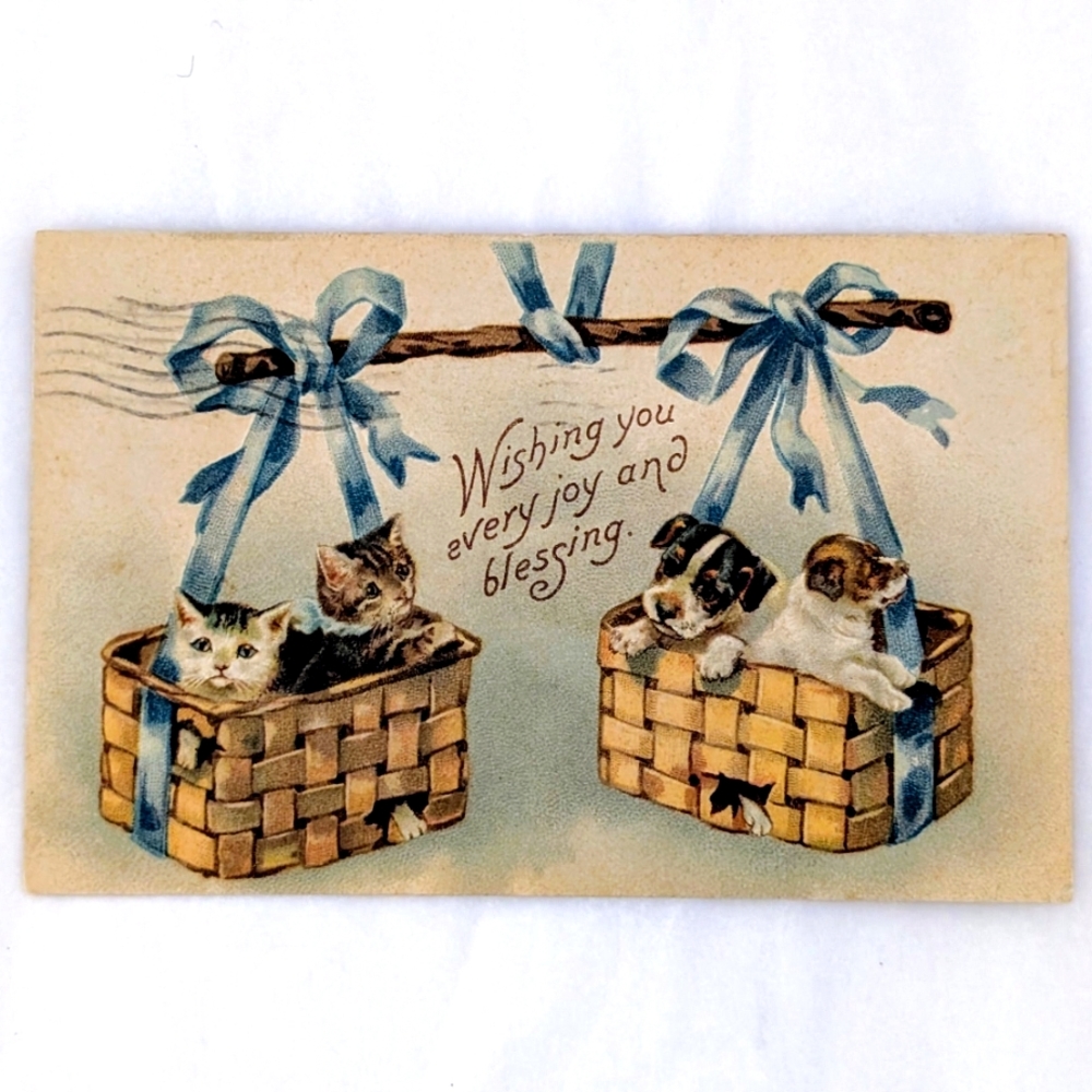 Antique 1908 Christmas Postcard Kittens Puppies Baskets Embossed Germany